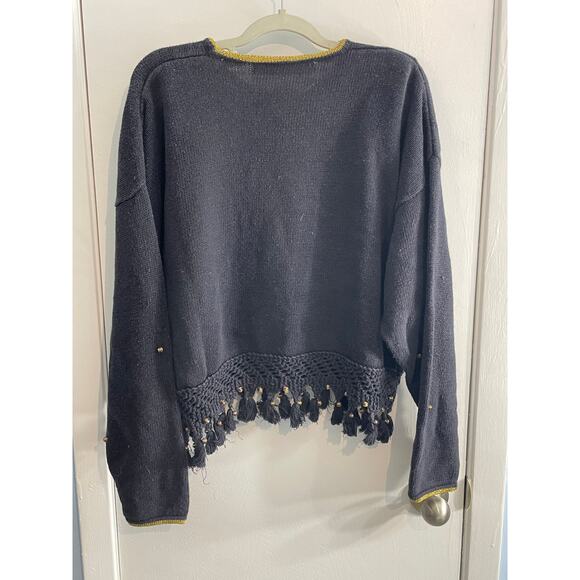 Vintage Fairy Grunge Sweater Floral Embroidered Beaded Fringe Bells Granny Large - Picture 5 of 10